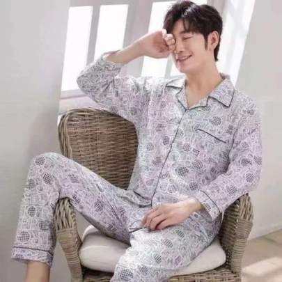 Men Grey Printed Cotton Night Suit